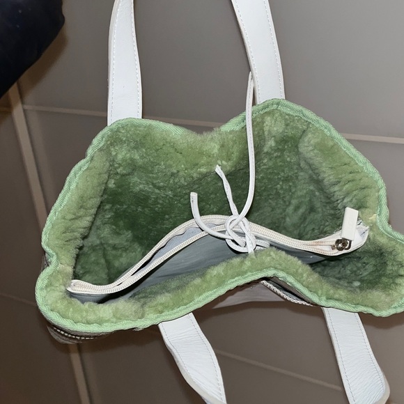 UGG Cream and Mint Shearling Tote with White Leather Pocket - Picture 2 of 4